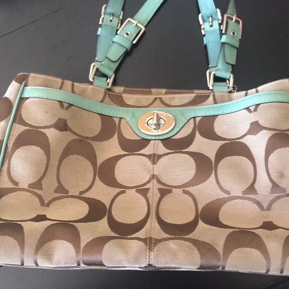 Coach signature handbag with teal trim - Picture 1 of 4
